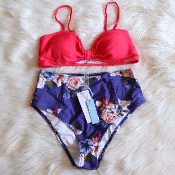 NWT Pink Purple Floral Printed Bikini Set Size Medium High Rise Bathing Suit - Picture 3 of 7